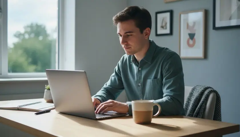 Mężczyzna pracuje na laptopie przy biurku, pijąc kawę. Idealne warunki do nauki, gdy wybierasz studia zaoczne online.