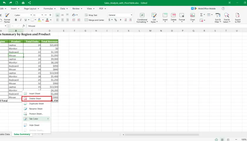 Eliminare formattazione tabella Excel: il cursore è posizionato sulla voce "Delete Sheet" nel menu contestuale, pronto per rimuovere un foglio di lavoro.