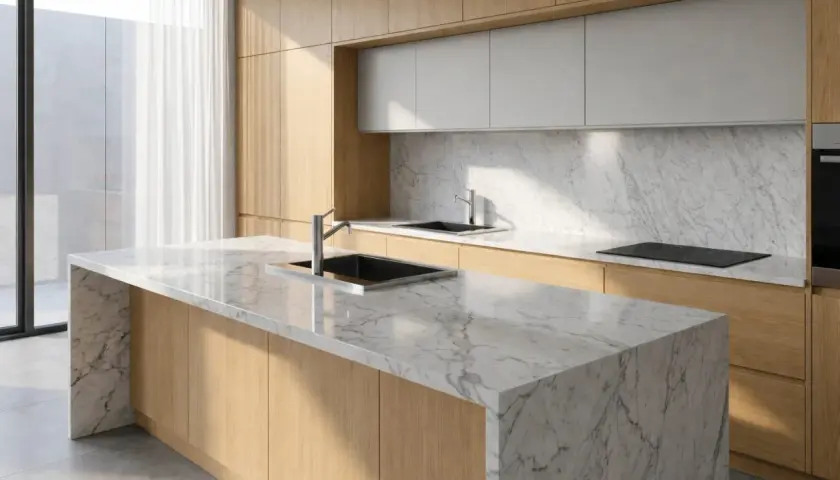 Cucina moderna con isola centrale e piano in marmo bianco venato. Ante in legno chiaro e schienale in marmo completano l'ambiente.