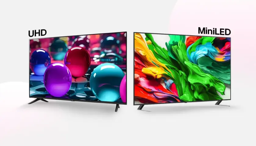 Zwei Fernseher im Vergleich: UHD mit bunten Kugeln, MiniLED mit lebendigen Farben. QNED vs QLED – ein visueller Unterschied.