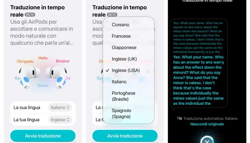App per la traduzione in tempo reale con AirPods. Seleziona la lingua per una conversazione fluida, una vera traduzione.