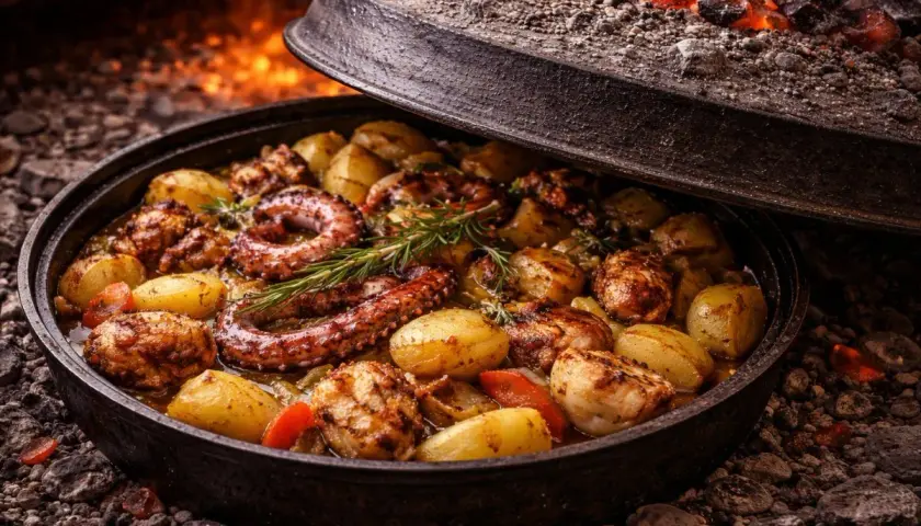 Pyszna ośmiornica z ziemniakami i rozmarynem, pieczona pod żelazną pokrywą. Idealna odpowiedź na pytanie: co zjeść w Chorwacji.