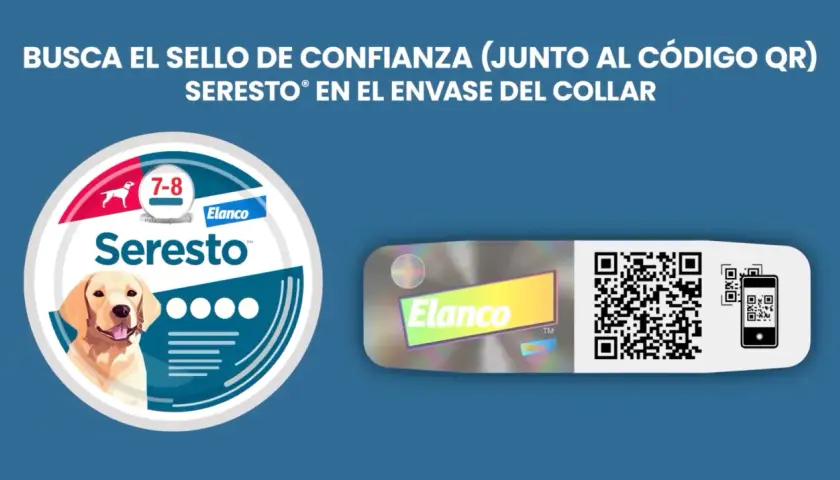 Collar Seresto para perros, con imagen de un labrador y el número 7-8. Busca el sello de confianza.
