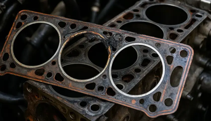 Testata motore rotta, con segni di bruciatura e ruggine evidenti sui cilindri. Un pezzo di ricambio necessario per riparare il motore.