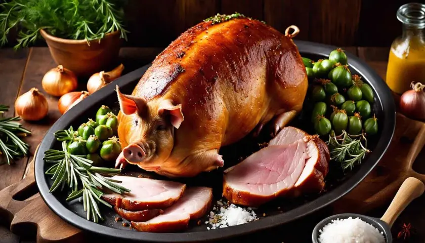 Un cochon rôti, prêt à être dégusté. Une présentation appétissante pour apprendre comment faire un cochon parfait.