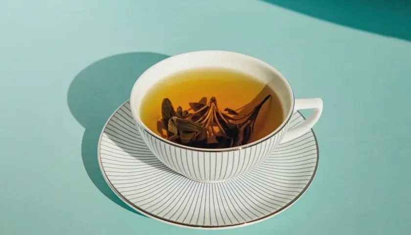 Eine Tasse Kräutertee mit Salbeiblättern, die ihre wohltuende tee wirkung entfalten. Das Geschirr ist weiß mit blauen Streifen.