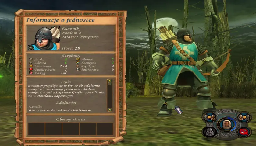 Łucznik z gry Heroes 5 spolszczenie, gotowy do walki. Jego statystyki i opis są widoczne na panelu.