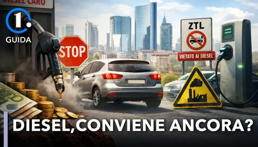 Una city car diesel in un contesto urbano con segnali di divieto e una colonnina di ricarica, mentre il prezzo del carburante sale.