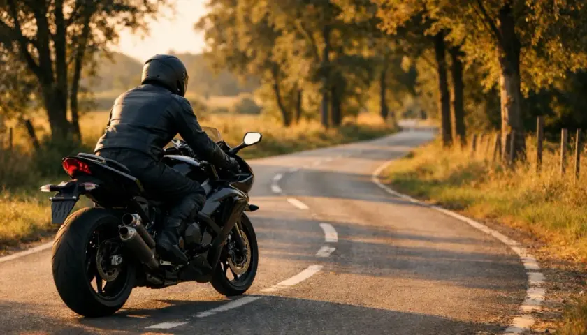 Motociclista en carretera rural al atardecer, cumpliendo la normativa de motos en Francia.