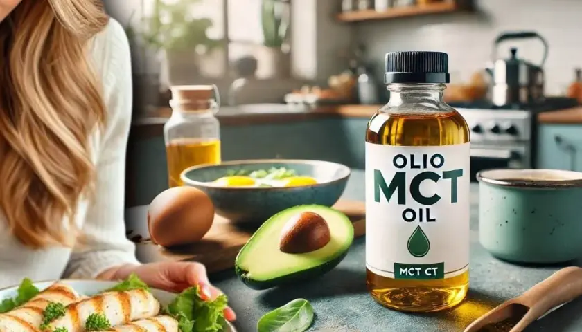 Una bottiglia di olio MCT in primo piano, accanto ad avocado, uova e pollo grigliato, per una colazione sana.