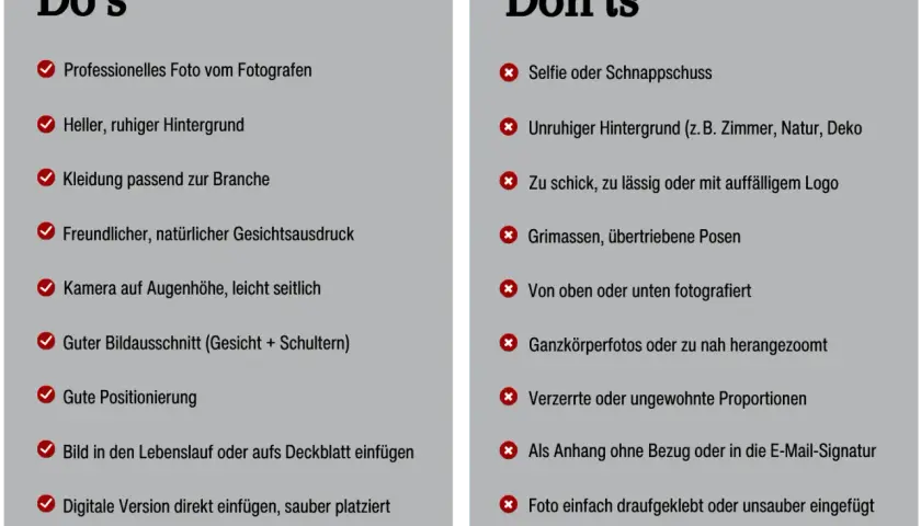 Tipps, wie man einen Lebenslauf mit professionellem Foto erstellt: Heller Hintergrund, passende Kleidung, freundlicher Ausdruck. Vermeide Selfies und unruhige Hintergründe.
