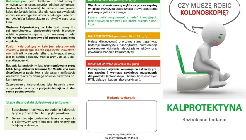 Badanie kalprotektyny w kale: marker stanu zapalnego jelit. Wyniki poniżej 50 µg/g sugerują zespół jelita drażliwego.