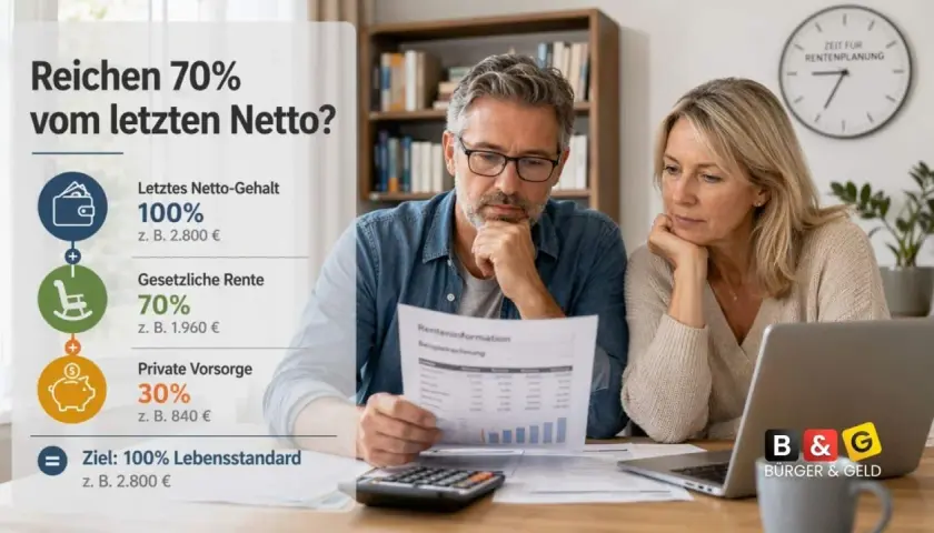 Ein Paar plant die Rente. Das letzte Netto-Gehalt (100%) wird mit gesetzlicher Rente (70%) und privater Vorsorge (30%) verglichen, um den Lebensstandard zu sichern.