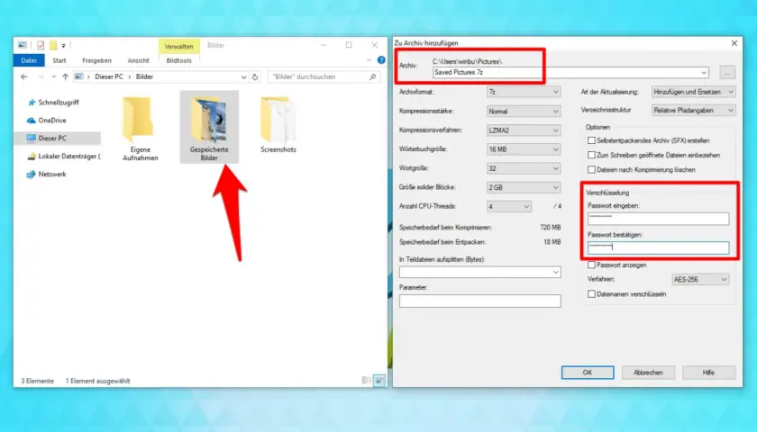 Fenster zeigt, wie man mit Windows einen Ordner sperren kann, indem man ein Passwort für das Archiv eingibt.