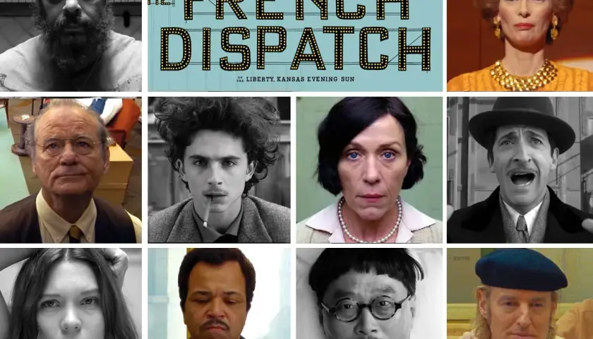 Montaggio di volti dal film "The French Dispatch", con il titolo del film in evidenza. Le recensioni lodano il cast corale.