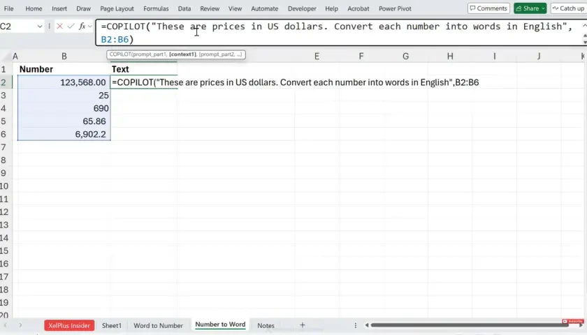 Foglio di calcolo con numeri in colonna B e formula in C2 che converte il numero memorizzato come testo in inglese.