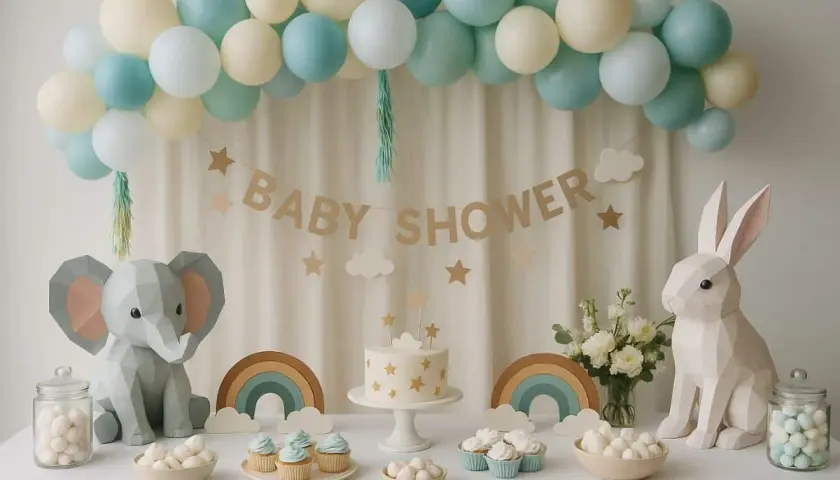 Un allestimento fai da te per baby shower con palloncini pastello, un elefante e un coniglio di carta, torta e dolcetti.