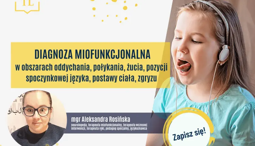 Dziewczynka w słuchawkach ćwiczy język, obok zdjęcie logopedy.
