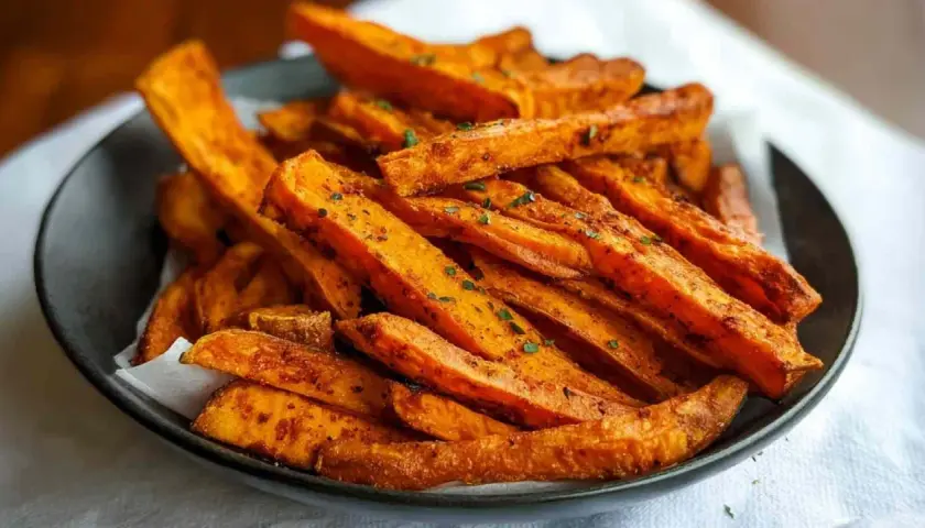Chrupiące bataty z airfryer, posypane ziołami, wyglądają apetycznie na ciemnej misce.