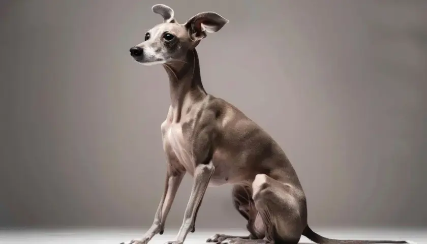 Ein schlanker Windspiel-Hund sitzt elegant, seine Ohren aufmerksam gespitzt.