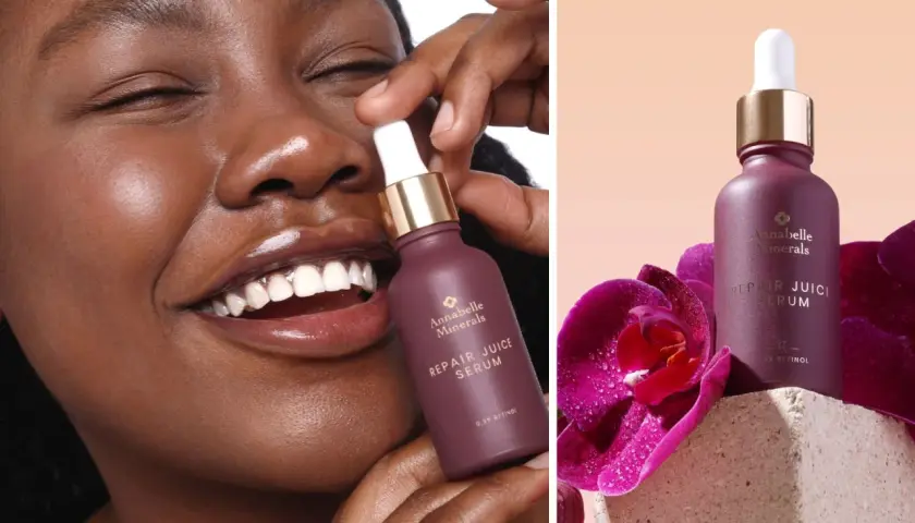 Uśmiechnięta kobieta trzyma serum z 0.3% retinolem. Dowiedz się, retinol co to i jak działa.