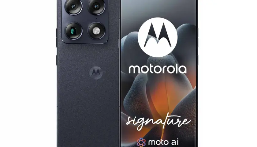Nowoczesny telefon Motorola z potrójnym aparatem i ekranem z logo "signature moto ai". Wśród wielu marek telefonów, ten wyróżnia się designem.