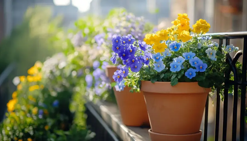 Des pots de fleurs de printemps débordent de pensées bleues, violettes et jaunes sur un balcon ensoleillé.
