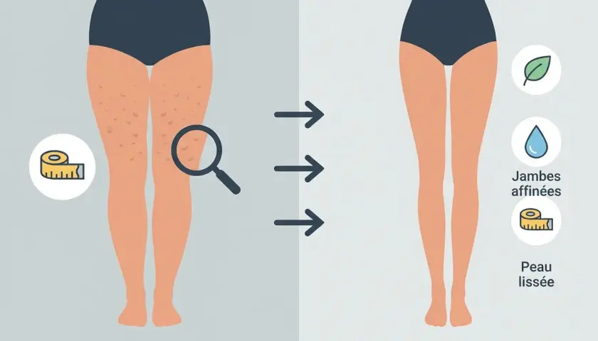 Avant/Après : amélioration de la circulation lymphatique, jambes affinées et peau lissée.
