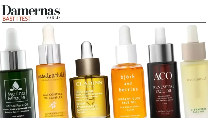 En rad ansiktsoljor för olika hudtyper, inklusive Marina Miracle, Estelle & Thild, Clarins, Björk & Berries, ACO och Exuviance.
