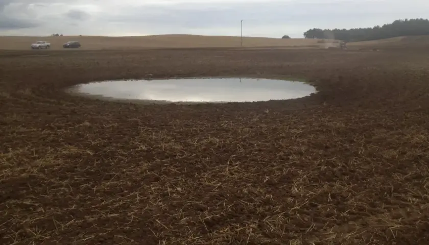 Pola po orce, kałuża i pracujący traktor. To obrazek pokazujący, melioracja co to, czyli poprawę stosunków wodnych na ziemi.