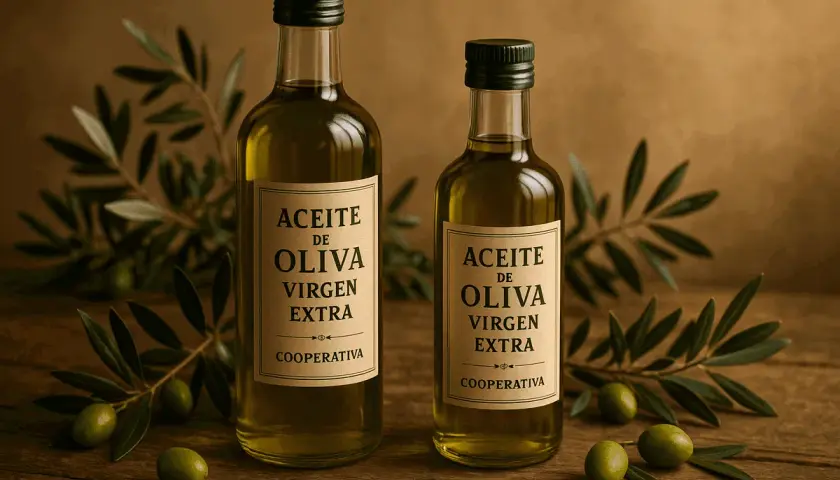 Dos botellas de aceite de oliva virgen extra, con ramas de olivo y aceitunas verdes. Un producto de calidad, una auténtica fuente de oliva.