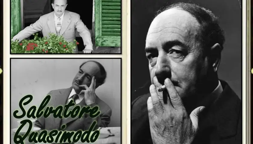 Ritratto di Salvatore Quasimodo, poeta. Tre immagini lo ritraggono: affacciato a una finestra, pensieroso e con una sigaretta.