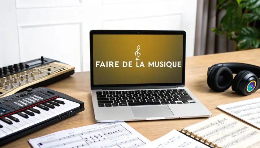Ordinateur portable affichant "Faire de la musique", avec claviers, partitions et casque. Idéal pour mettre sa musique en ligne gratuitement.