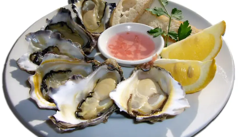 Ostra marisco fresco servida en plato con limón, pan y salsa rosada.