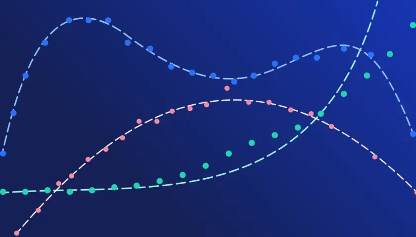 Grafico a linee con tre curve tratteggiate colorate (blu, rosa, verde) che mostrano tendenze e intersezioni su sfondo blu scuro.