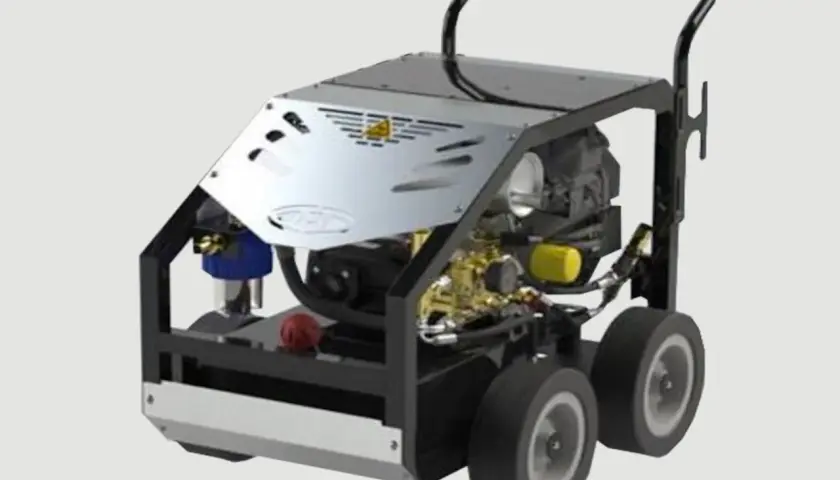 Benzin Hochdruckreiniger mit robustem Rahmen, Rädern und Motor. Ideal für professionelle Reinigungsarbeiten.