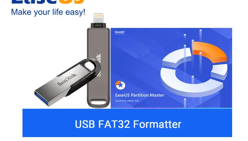 Dwa pendrive'y obok siebie, jeden z logo SanDisk, drugi z logo EaseUS. Na niebieskim tle grafika koła podziału. Napis "USB FAT32 Formatter".