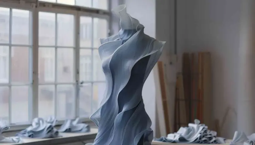Sculpture en tissu bleu, aux formes fluides et ondulantes, évoquant une robe de haute couture. Une création d'art inspirée par l'IA mode.