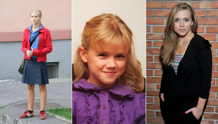 Trzy zdjęcia Bożenki z Klanu: jako dziecko, nastolatka w szkolnym mundurku i młoda kobieta.