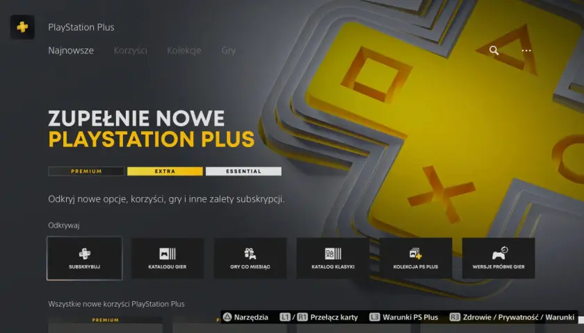 Menu PlayStation Plus z opcją "EXTRA" podświetloną na żółto. Odkryj nowe gry i korzyści subskrypcji.