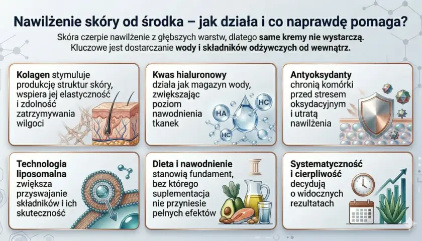 Kolagen wspiera elastyczność skóry, a kwas hialuronowy nawadnia tkanki. Antyoksydanty chronią przed utratą nawilżenia. Dieta i suplementacja to klucz do nawilżenia od środka.