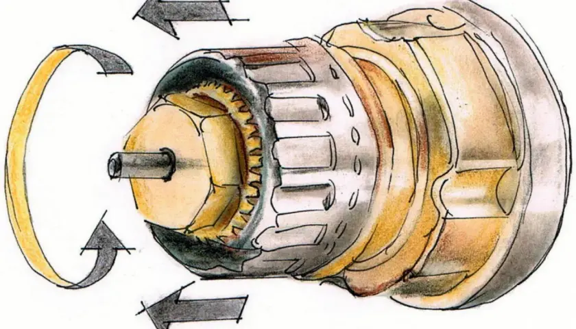 Schemat pokazuje mechanizm zaworu termostatycznego grzejnika. Strzałki wskazują kierunek obrotu, jak zakręcić grzejnik, by regulować temperaturę.