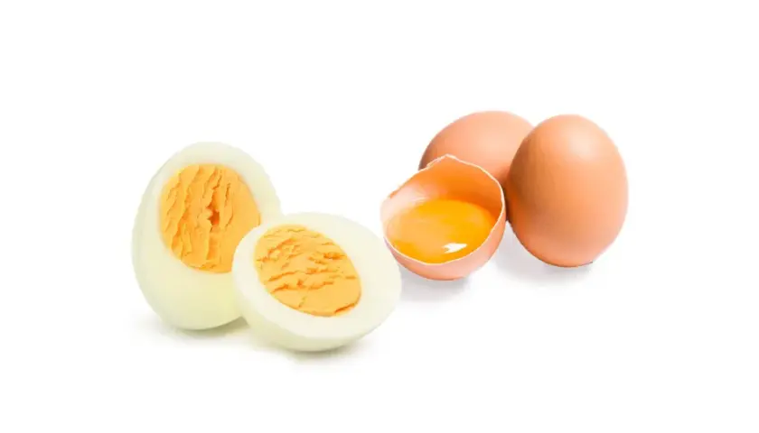 Ein hartgekochtes Ei, halbiert, daneben ein rohes Ei mit flüssigem Dotter. Ein Hund würde sich über ein solches Frühstück freuen.