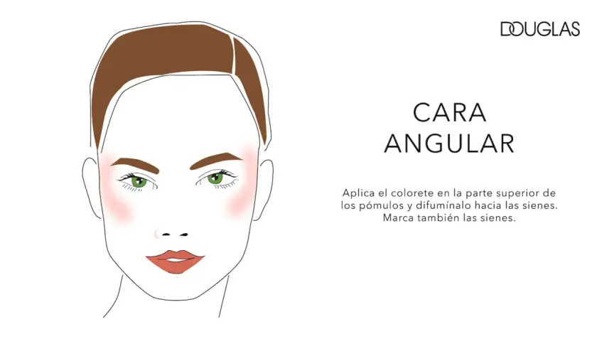 Ilustración de un rostro angular con rubor rosado aplicado en los pómulos y difuminado hacia las sienes.