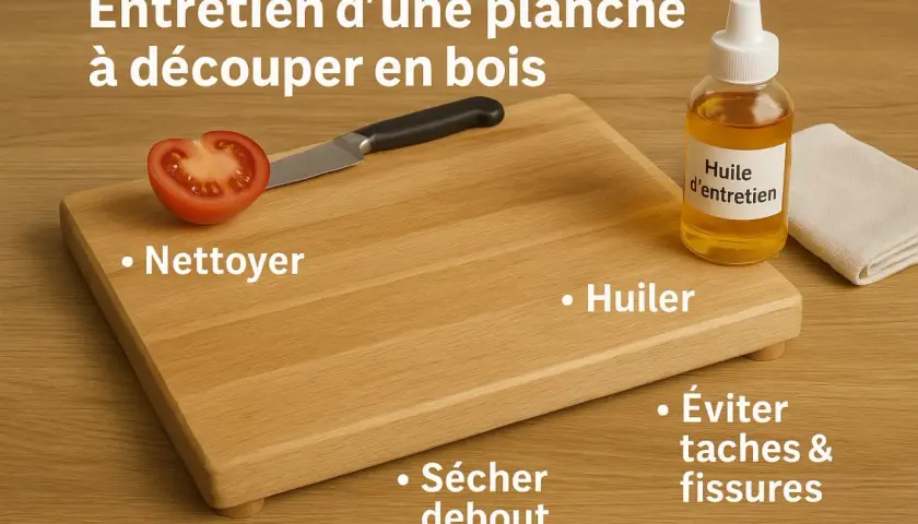 Planche à découper en bois avec une tomate, un couteau, une huile d'entretien et un chiffon. Conseils pour huiler le bois et éviter les taches.