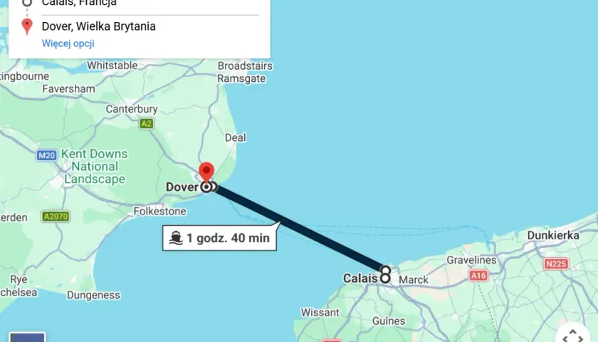 Trasa promowa z Calais do Dover, Wielka Brytania, zajmuje 1 godzinę i 40 minut.