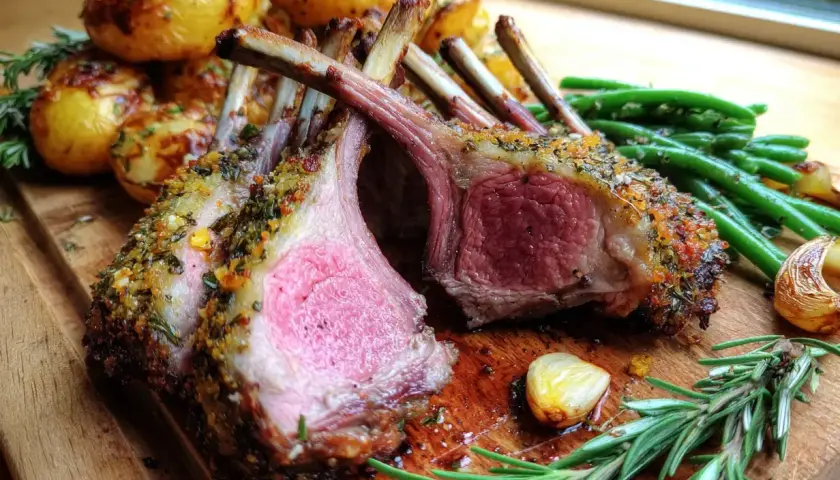 Saftig lammracks med örtpanering, serverad med rostade potatisar, haricots verts och vitlök. Ett perfekt lammracks recept för en festmåltid.