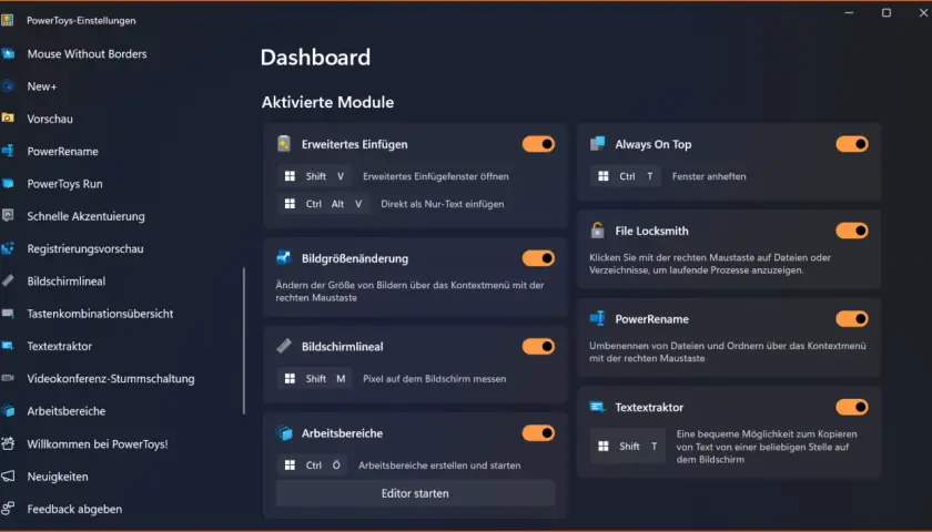 Dashboard der PowerToys mit aktivierten Modulen wie "Always On Top" und "PowerRename".