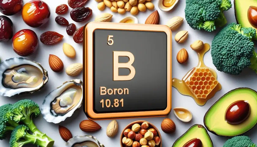 Boron-reiche Lebensmittel wie Austern, Mandeln und Honig umgeben das Element Boron.
