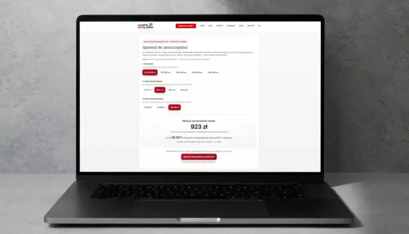 Kalkulator leasingu konsumenckiego pokazuje oszczędność 923 zł dzięki ofercie GAP.